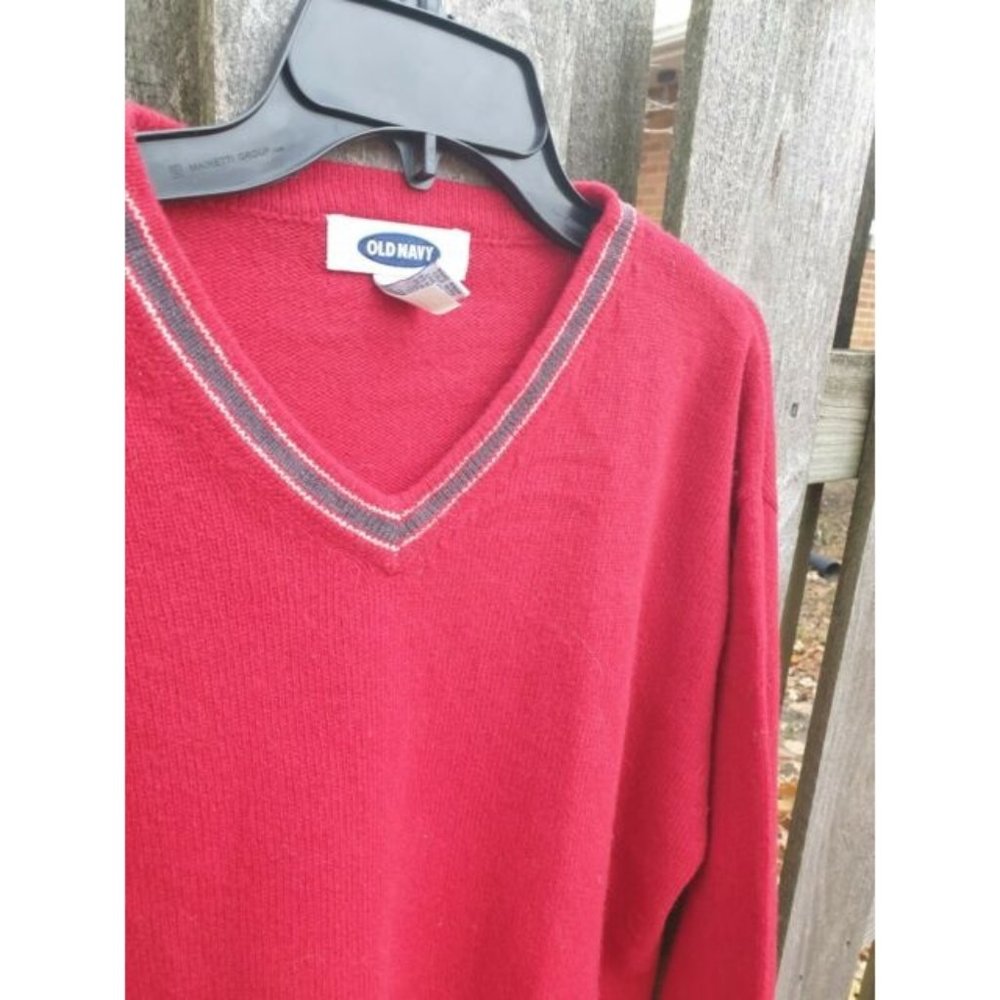 Mens Large Red V- Neck Sweater Lambs Wool Old Navy